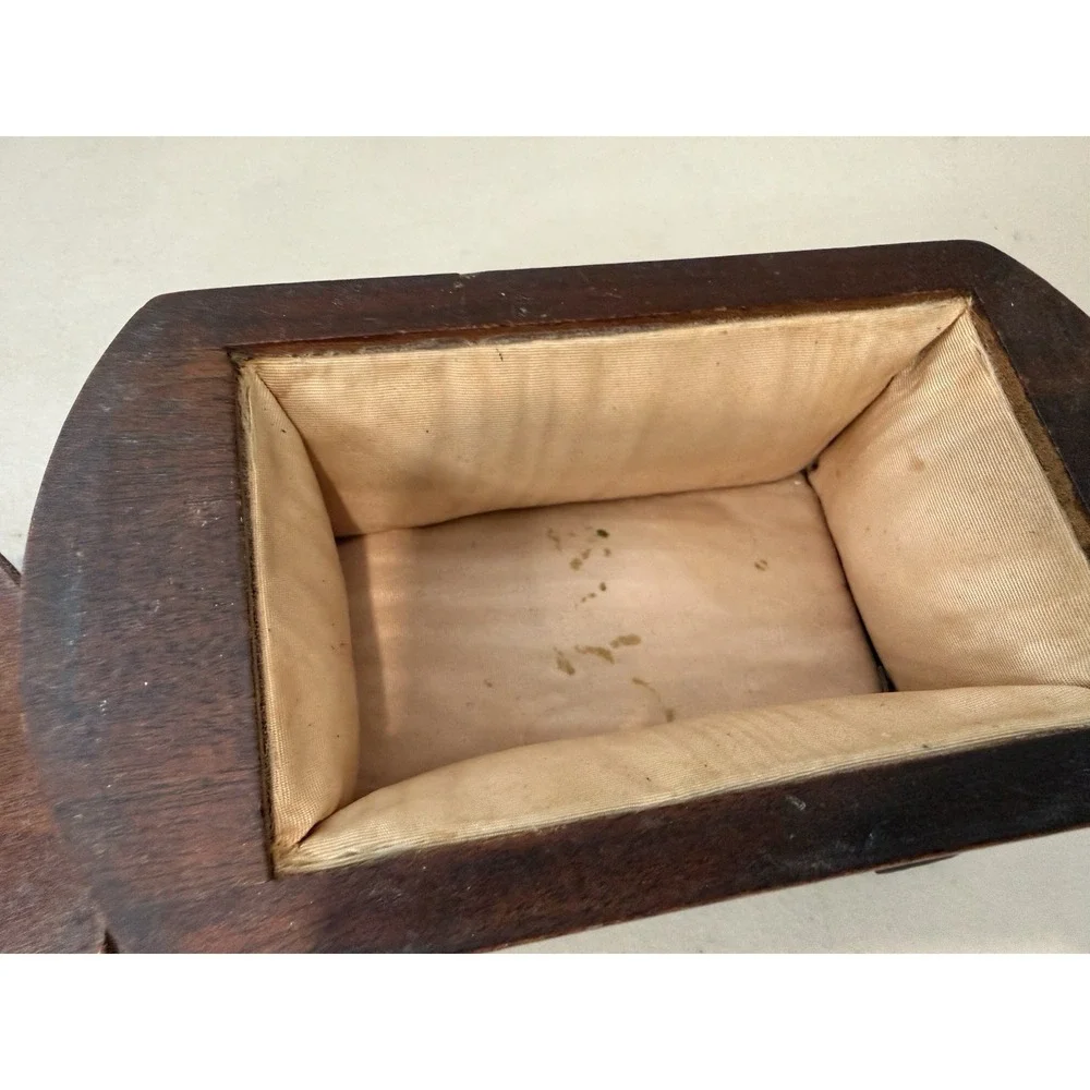 Vintage Art Deco Wood Keepsake Box Satin Lined Celluloid Faux Pearl Lid Insert
